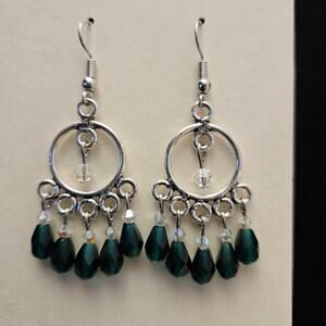 Dark green teardrop and clear bicone chandelier earrings